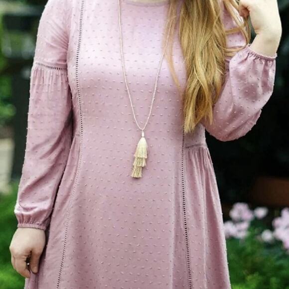 Matilda Jane Turn On The Charm Sheath Dress Women Sz L Lilac Swiss Dots Pleated - Picture 2 of 10